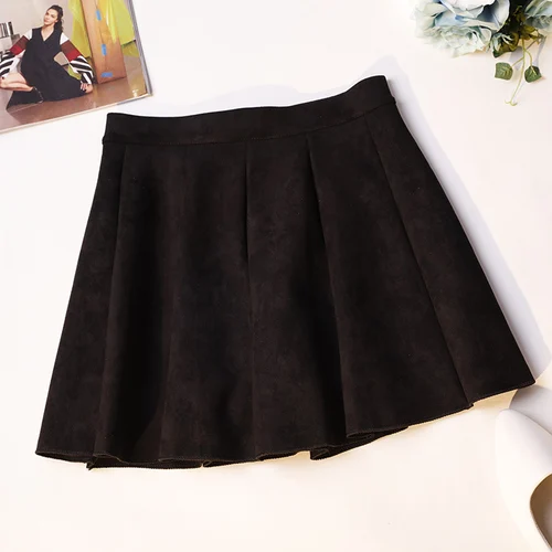 Осенне-зимние женские с высокой талией трапециевидная мини-юбка Корейская версия однотонная замшевая плиссированная юбка в стиле преппи Студенческая юбка для девочек - Цвет: Black