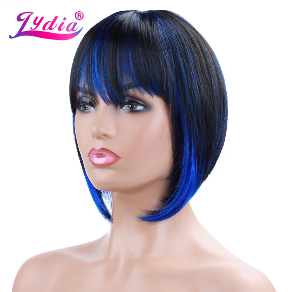 Lydia For Women Short Straight Bob Synthetic Wigs Mixed Color FT1B/Blue Heat Resistant African American Party Daily lydia synthetic curly natural   kanekalon short wig for african american russian women heat resistant wigs heat resistant