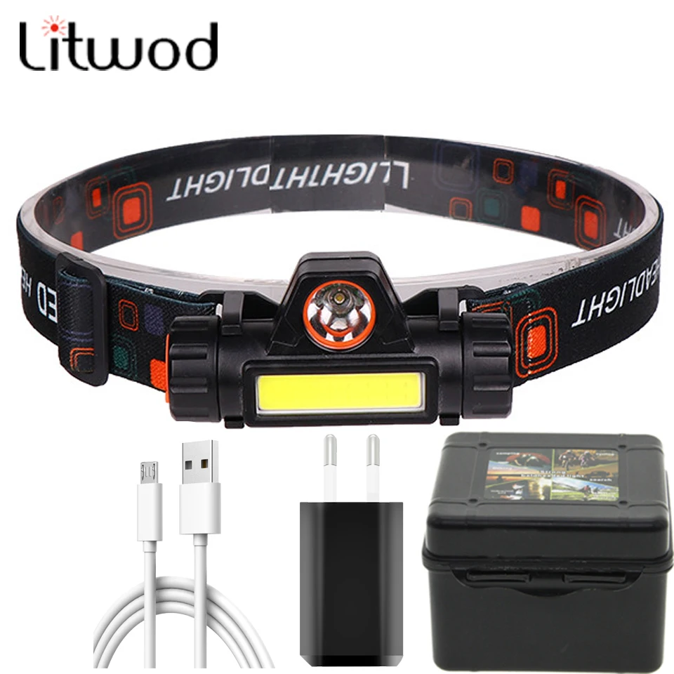 Litwod Portable Mini Flashlight Lantern Q5+COB Led Headlamp Built-in 18650 Battery Outdoor Camping Headlight