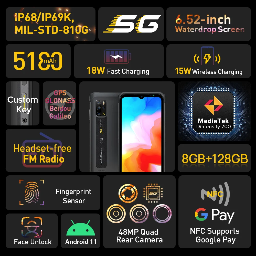 Ulefone brnění 12 5G drsný telefon Android 11 8GB+128GB globální varianta 6.52“ vodotěsný smartphone 5180 mAh bezdrátový nabíjení NFC