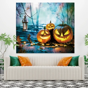 

Laeacco Fashion Tapestry Halloween Pumpkin Lantern Misty Forest Fallen Leave Candle Wall Hangings Home Living Room Bedroom Decor