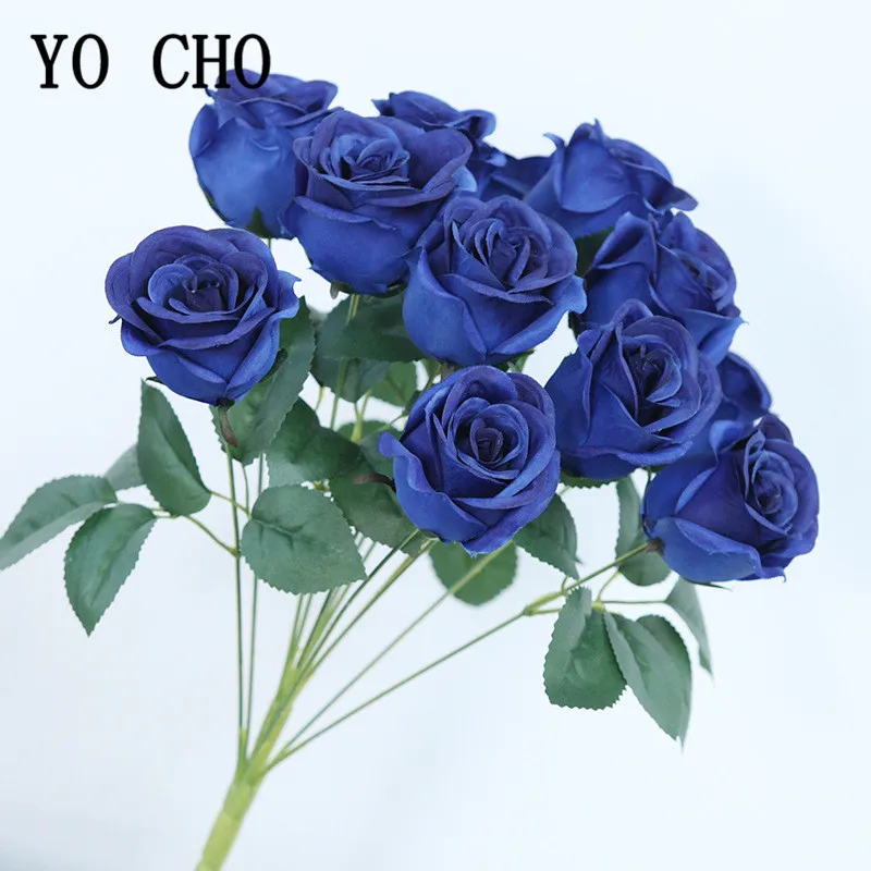 Wedding Bouquets Artificial Rose Flowers 12 Heads Artificial Flowers Rose Bouquet Royal Blue Small Roses Fake Flower Bouquet for Wedding Party Home Decor Silk Flowers