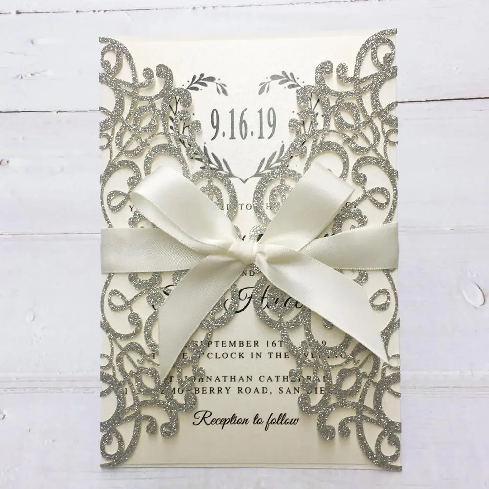 

Luxury Glitter Silver Wedding Invitations, Grey Invitation Cards for Wedding Laser Cut Wedding Invite With ribbon - set of 50