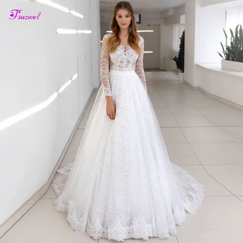 

Fsuzwel New Arrival Scoop Neck Long Sleeves A-Line Wedding Dresses 2020 Luxury Appliques Lace Court Train Bride Gown Plus Size