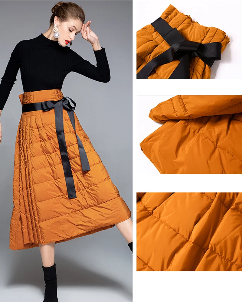 Elifashion, утолщенная пуховая юбка для женщин, Осень-зима, модная длинная юбка для женщин, высокая талия, длинный широкий пояс, теплые женские юбки