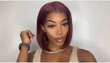 Recto Borgoña Bob corto parte de encaje pelucas de cabello humano 99J 13X2 T malla con división pelucas brasileñas 180% de densidad pelucas de encaje para las mujeres