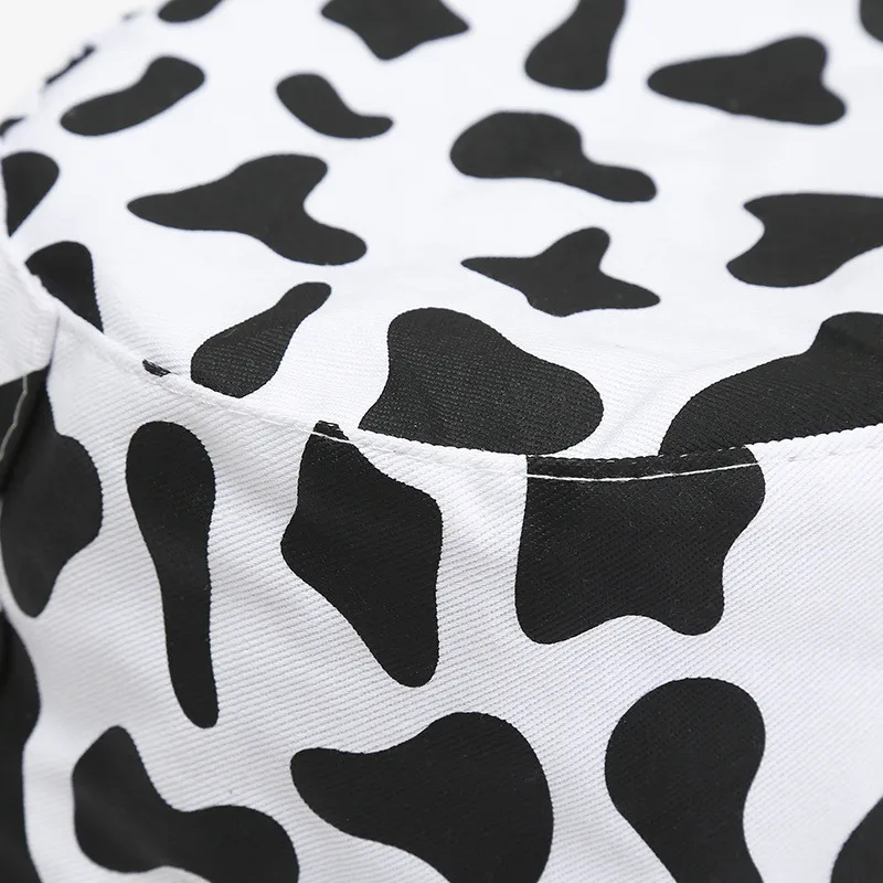 Women black white cow Fisherman Cap Alien Foldable Bucket Hat Beach Sun Party Street Headwear Panama Hat Harajuku
