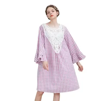 

Women Plus Size 100% Cotton Long Sleeves Nightwear Dress Sexy Lace Nightgowns Sweet Plaid Homewear Loose Mid-length Sleep Dress