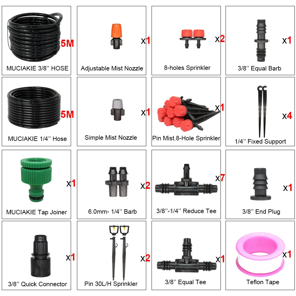 MUCIAKIE 3/8 ''главная линия садовые оросительные комплекты 1/4'' ветка шланг Туманная система охлаждения растений капельного спринклера полива распыления - Цвет: 5m 3l8 in kits