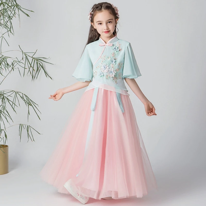 Hanfu/платье принцессы с вышивкой в китайском стиле; новое летнее платье с рукавами для девочек; повседневная одежда Феи в стиле ретро для девочек