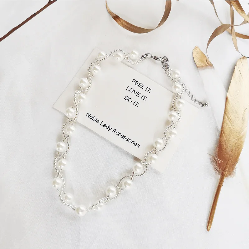 

Elegant Classic Temperament Handmade Woven Simulated Pearls Chain Wedding Choker Necklace for Women Adjustable Jewelry