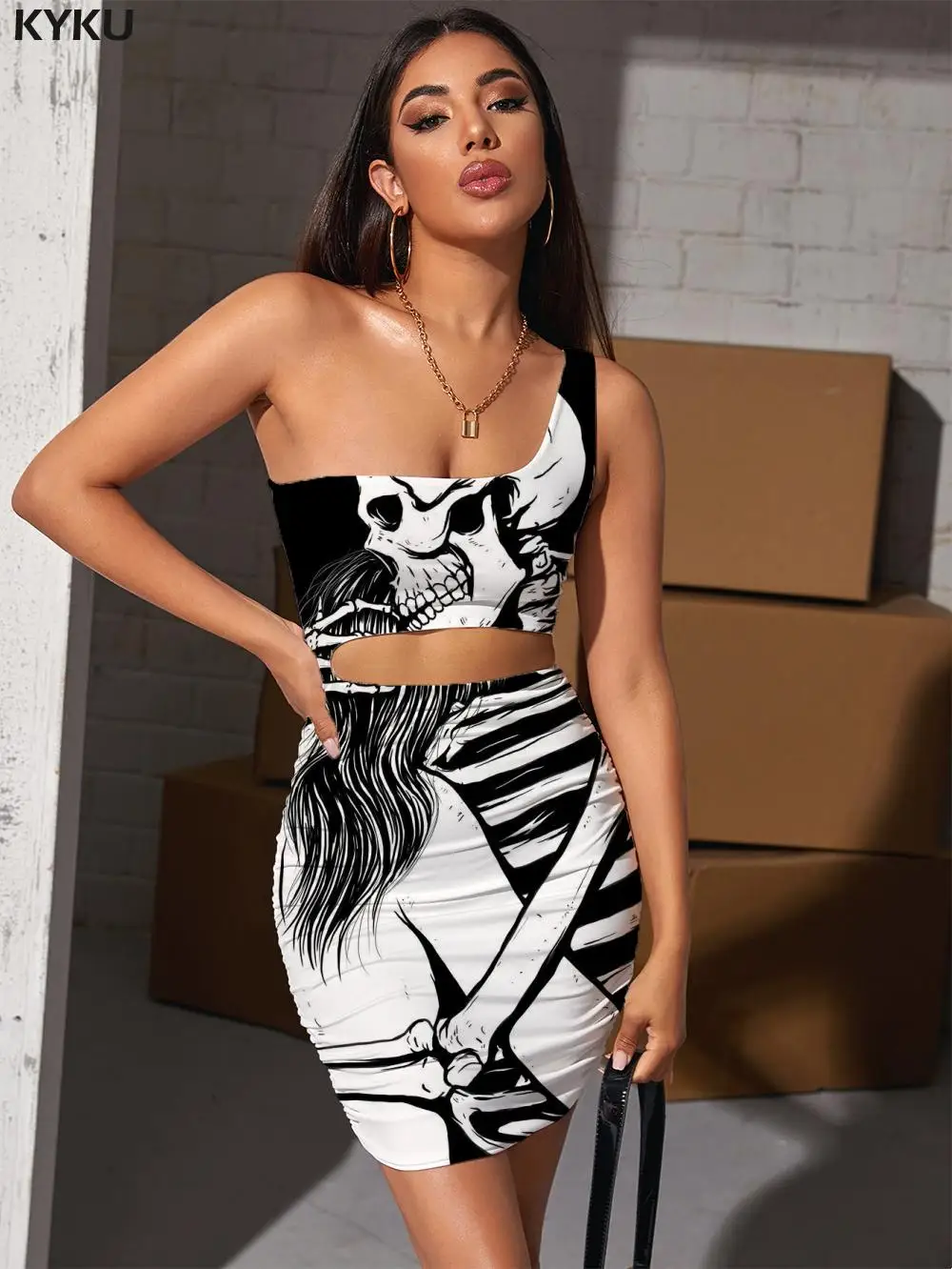 

KYKU Skull Dresses Women Skeleton Vestido Sexy Love 3d Print Novel Pleating Harajuku Hollow out Dresses Womens Clothing Party