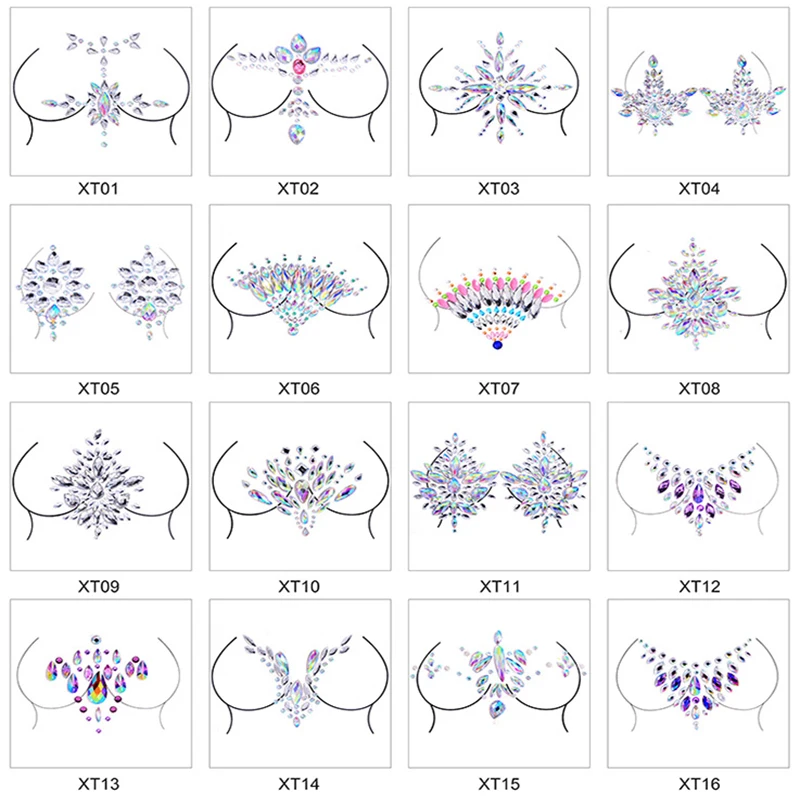 16 видов стилей, акриловые стразы, самоклеющиеся временные наклейки на грудь, вечерние наклейки на татуировки, подходят для частей тела F0200