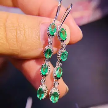 

100% Lovely Tassels strand natural green Emerald water drop earrings Natural gemstone earrings 925 silver female party jewelry