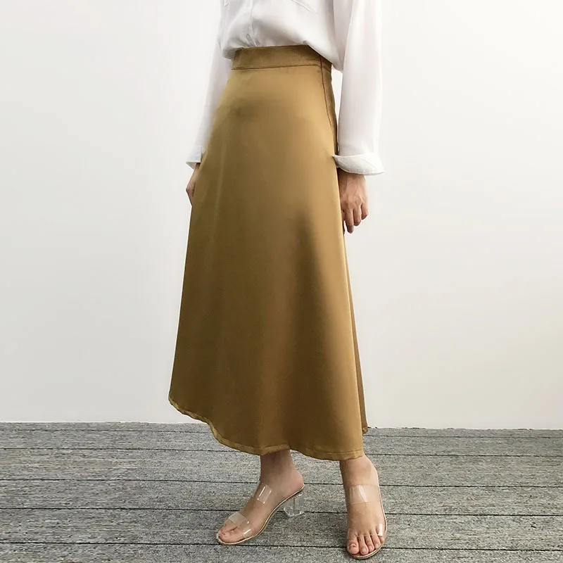 Spring Summer Women Satin Silk Skirt Elegant Solid Color High Grade Loose Office Lady Yellow Skirts Womens Long | Женская одежда