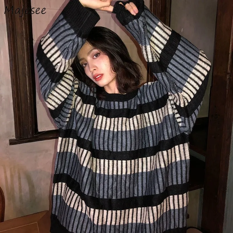 Jersey de punto Vintage Bf para mujer, Jersey holgado de manga larga con cuello redondo, ropa de calle para estudiantes perezosos