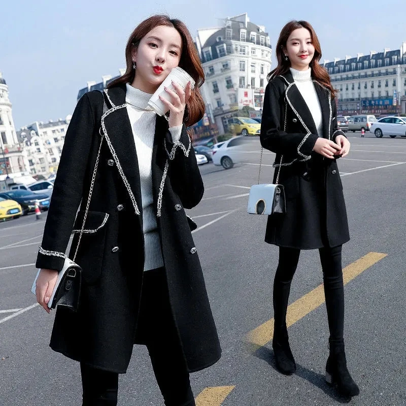 Women Hepburn Style Thick Woolen Jacket Mid-length Coat 2021 Female Autumn and Winter New Fashion Slim Black Woolen Jacket A259