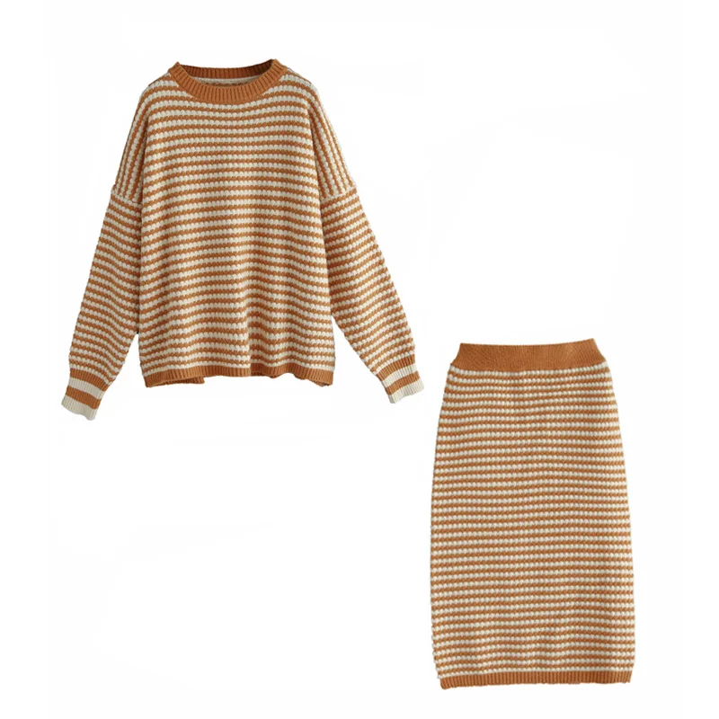 

PERHAPS U yellow black crew neck long sleeve knitted midi skirt striped set women 2 two pieces elegant chic T0256