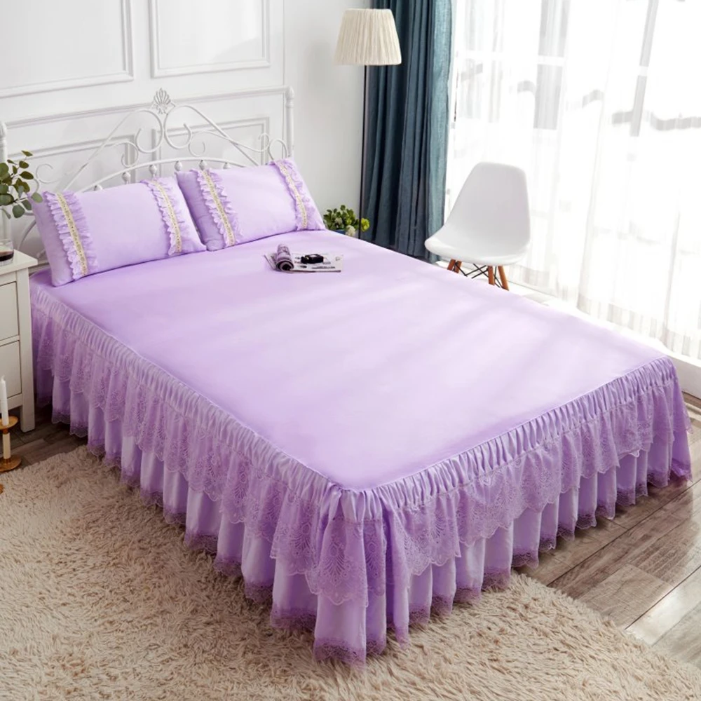 

Violet Blueberry pink solid colour Lace Bed Skirt with pillowcases Princess Bedspreads queen King sizes lace fitted Sheets