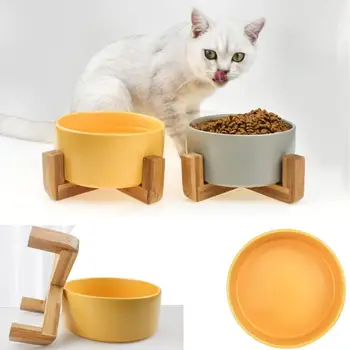 

Cats Food Bowl Feeding Pet Ceramic Feeding And Water Bowls With Bamboo Frame For Dogs Cats Pets Dish Wooden Table Pet Supplies