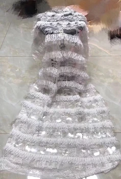 

African New Design Cream-colored Cord Lace Fabric With Sequins French Net Tulle Lace Fabric Embroidery For Party Dress FJ2839