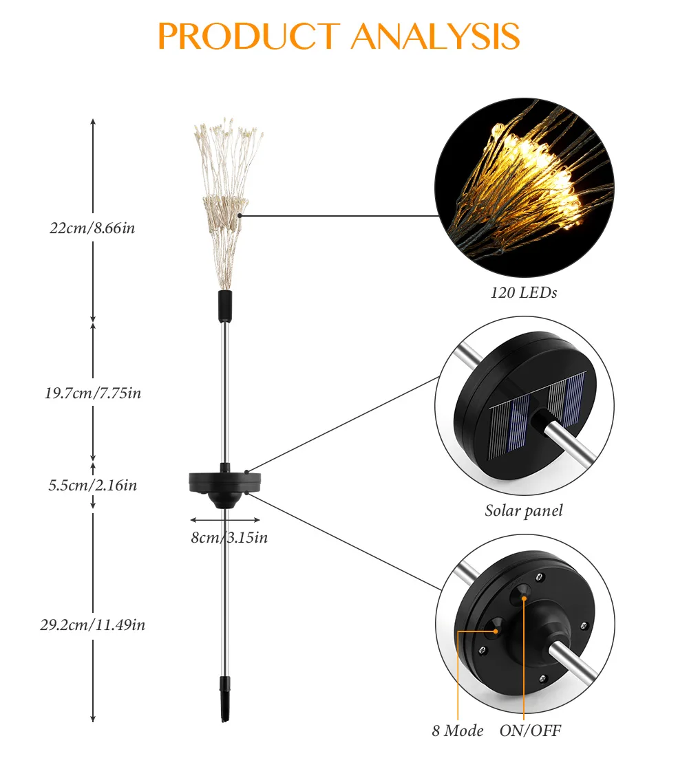LED Solar light 120leds Solar Powered Outdoor Garden Grass Fireworks Lamp Eight Function Modes Dandelion Lawn lights Waterproof