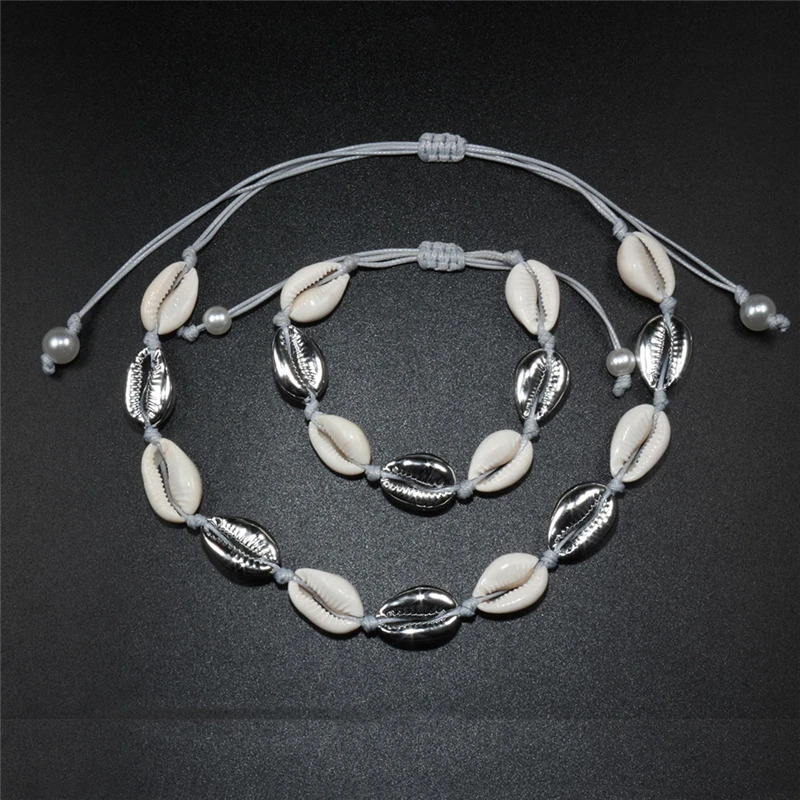 Натуральная раковина Каури ожерелье браслет набор Бохо пляжная раковина чокер воротник модная Веревка Цепь Регулируемая женская летняя бижутерия