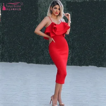 

TANYA BRIDAL Red Yellow Black Ruffles Spaghetti Strap Homecoming Dresses Tea-Length Simple Sleeveless Quinceanera Dresses JQ469