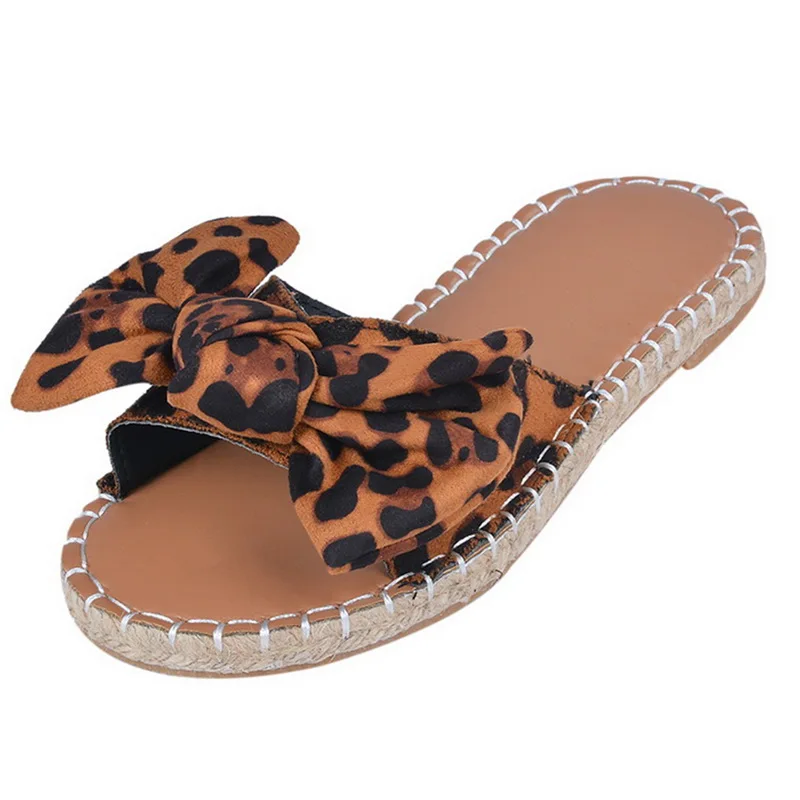 Вьетнамки; Zapatos De Mujer; модные шлепанцы с бантом; женские нескользящие шлепанцы; летняя пляжная обувь без застежки на плоской подошве - Color: Leopard (style1)