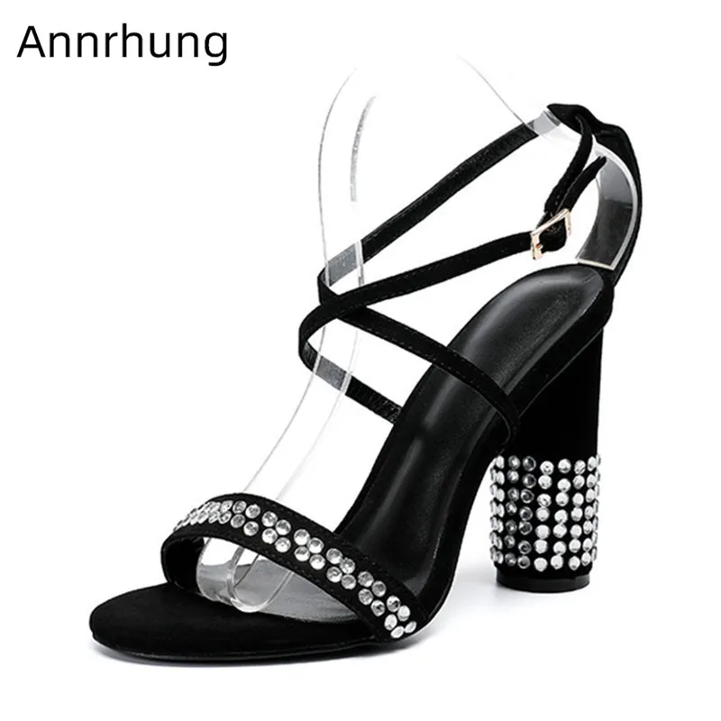 

One Strap Sandals Women Rhinestone Drilled Summer Shoes Sexy Black Suede Open Toe Round Heel Gladiator Sandals Jeweled Heels
