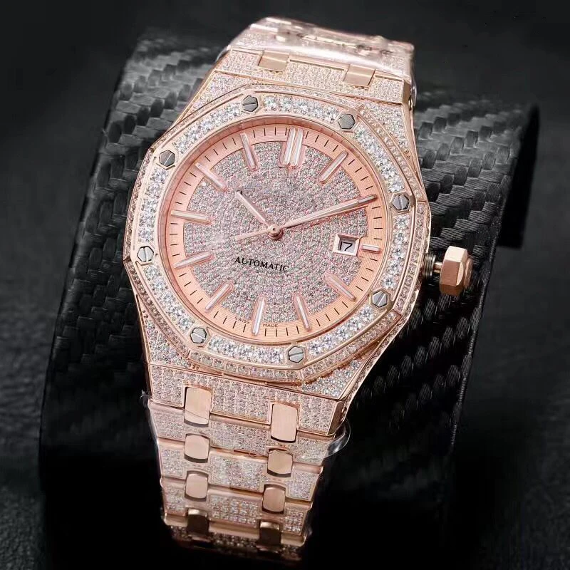 

Rose gold Mens diamonds watch super quality iced out automatic ETA movement mechanical watches with box