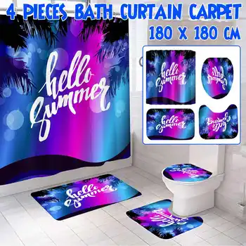 

NEW 4 In1 Hello Summer Printing Bath Curtains Shower Curtains Polyester Toilet Cover Mat Bathroom Non-Slip Mat Rug Kit