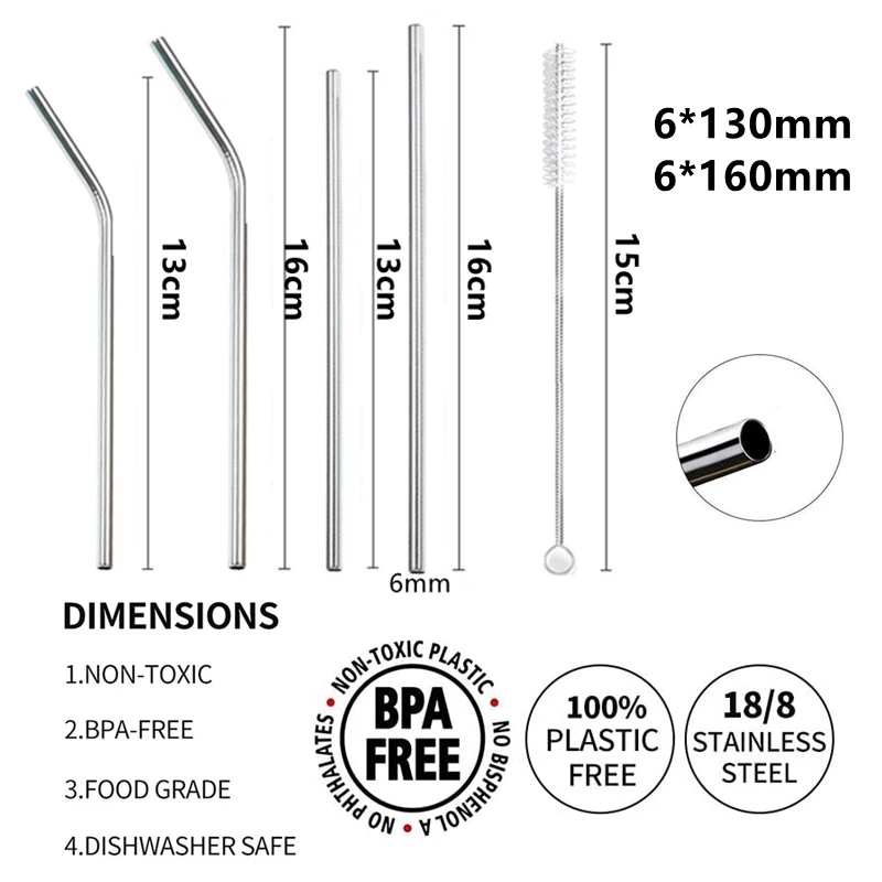 Kids Metal Straws 4pcs 6*130/160mm Reusable Drinking 304 Stainless Steel with Brush, metal straw set,metal straws,drinking straws,stainless steel straw