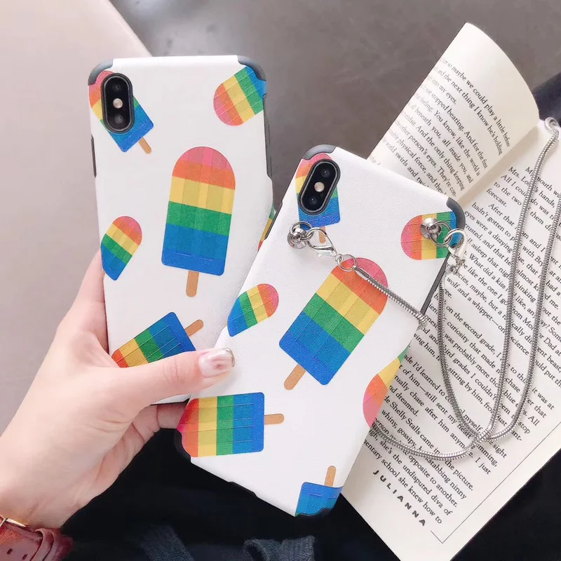 

Cute Ice Cream Shockproof Soft TPU Case With Lanyard Metal Chain Shoulder Strap Cover For iPhone 11 Pro Xs Max Xr X 8 7 6 S Plus