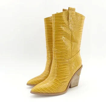 

brand embossed microfiber leather high heels ankle boots for women pointed toe cowboy boots women mid-calf wedges boots runway