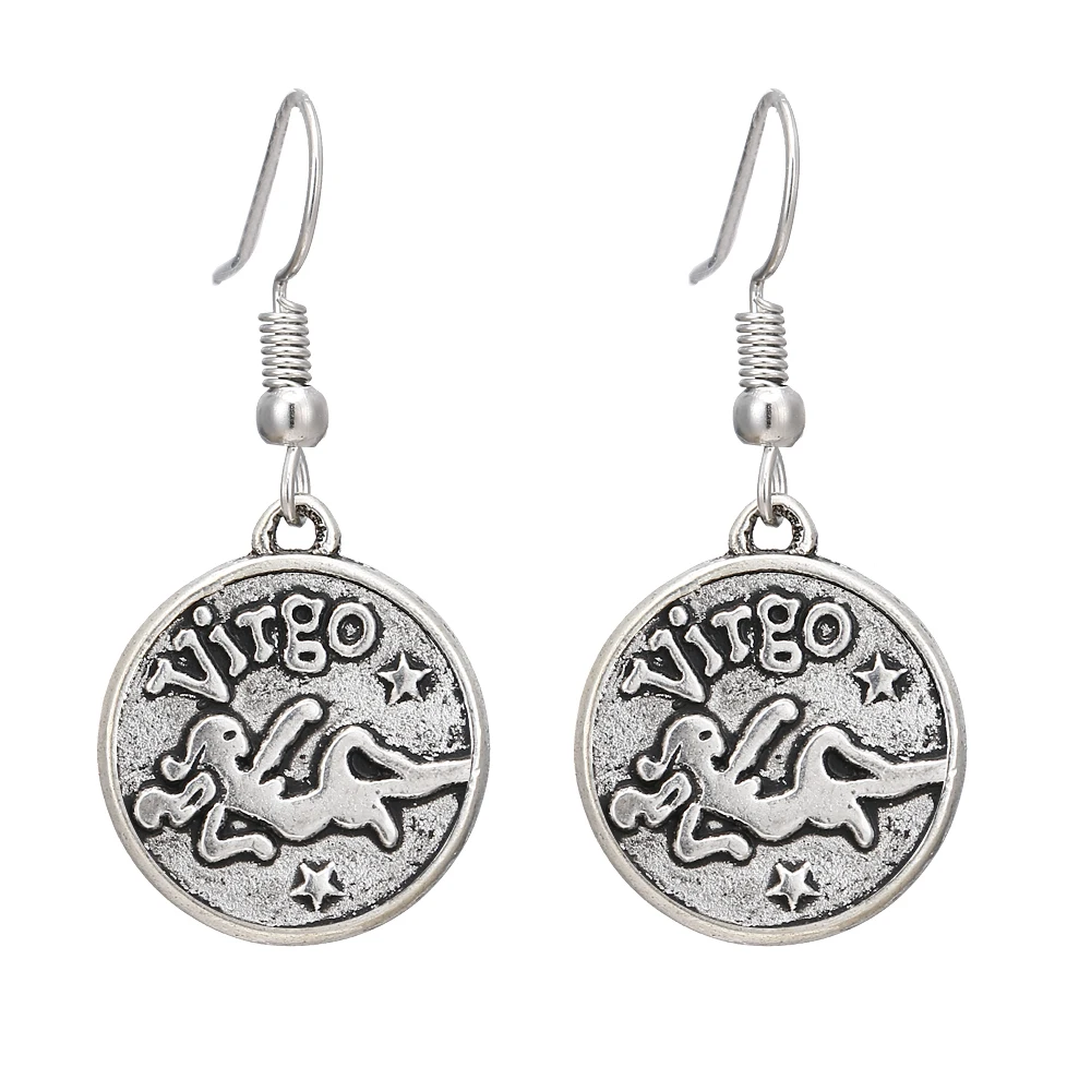 

Virgo Aries Aquarius Dangle Charms Earrings Vintage Silver 12 Constellation Earring For Women birthday best gifts Jewelry