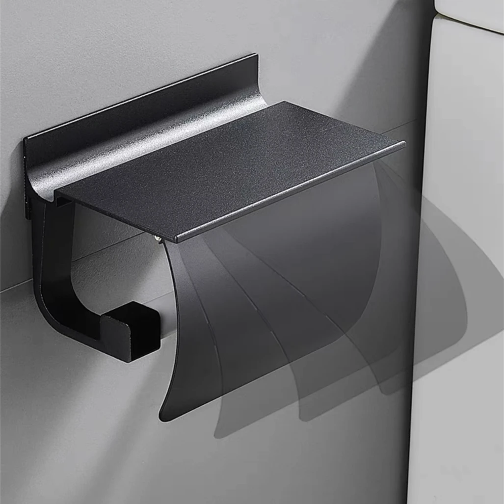 Toilet Paper Holder Black/Silver Toilet Paper Shelf Aluminum Bathroom Hardware Waterproof Roll Paper Holder Storage Rack Towel Hook With Cover Toilet Paper Rack Toilet Roll Holder