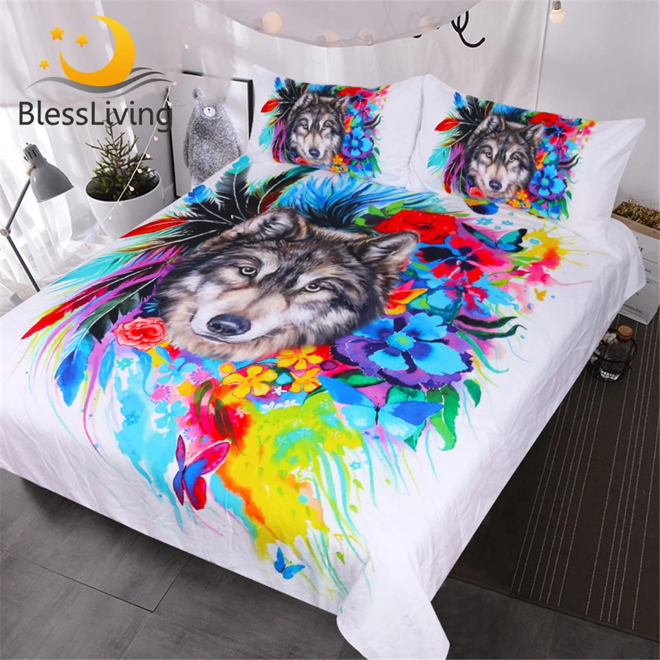 Blessliving Floral Boho Wolf Duvet Cover Set Cool Wildlife Bedding