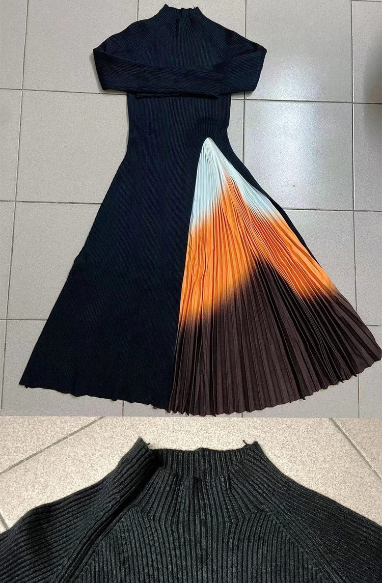 2021 Autumn Winter Women Gradient Color Stitching Knitted Warm Sweater Dress Female Long Sleeve Ol Midi Pleated Dress M8006