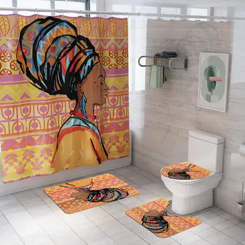 

African Woman Printing Shower Curtain Mat Anti-slip Toilet Polyester Cover Cushion Set Suits Most Standard Sized Bathrooms