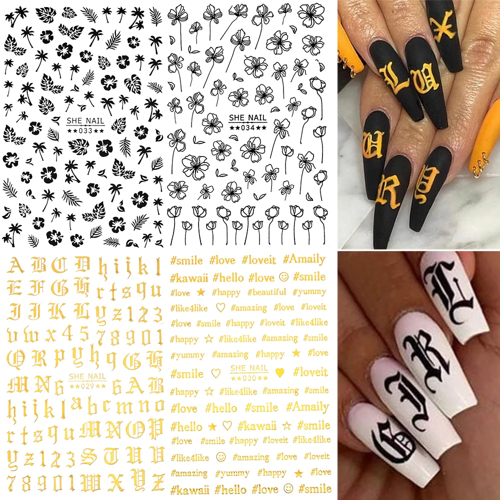 1 лист 3D Алфавит наклейки на ногти цветок лист буквы черный золотой клей красивая наклейка для маникюра декорации аксессуары для ногтей Инструменты