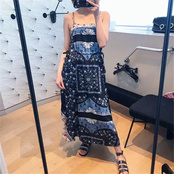 

Women Mid-calf Dress Printing Spaghetti Strap Slash Neck Ruffles Sleeveless Patchwork Long Dress 2019 Fashion Clothing