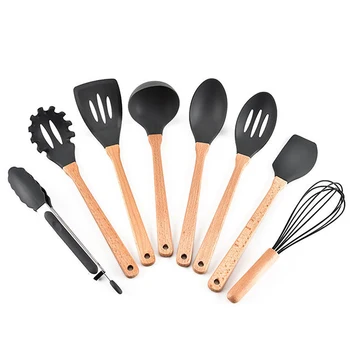

Kitchen tableware high temperature resistant kitchenware set 8 pieces wooden handle silicone non-stick cookware kitchen tools