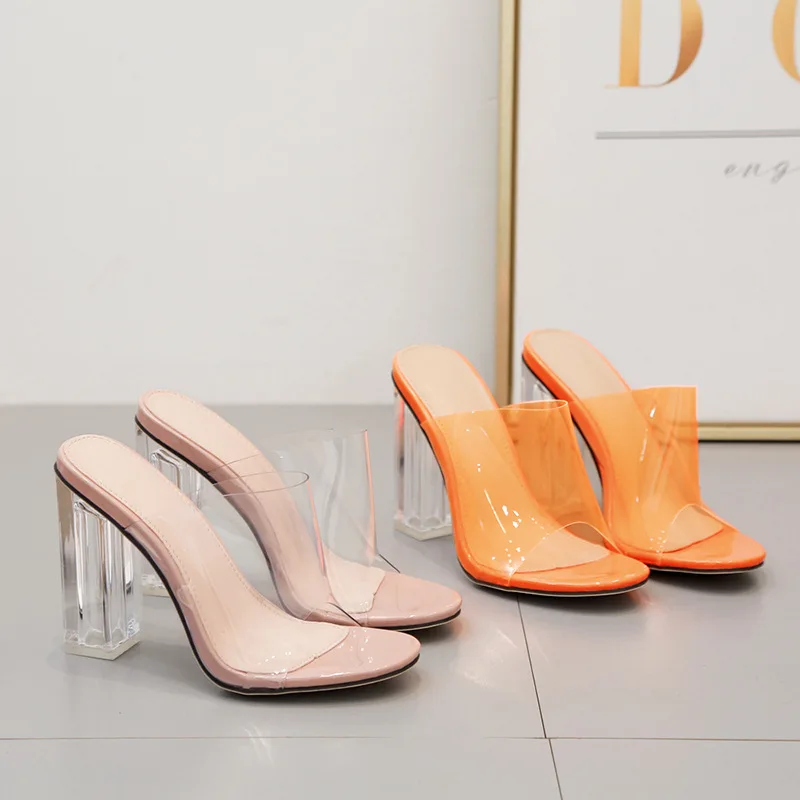 

Shoes Women's Slippers 2019 Heeled Mules Square heel Slides Jelly Flip Flops Shallow Big Size New Heels Summer Sliders Glitter