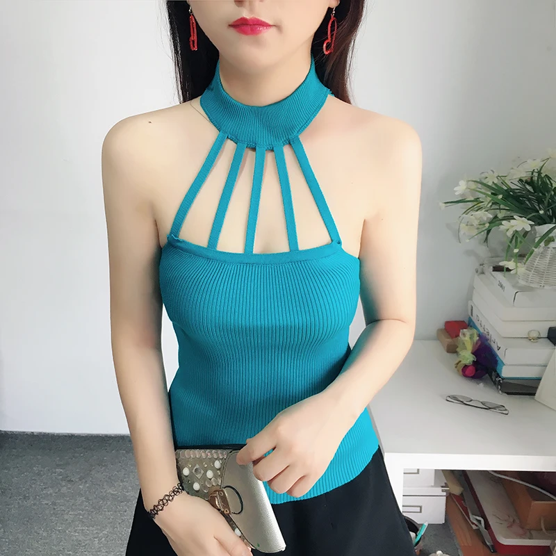 

Summer Sexy Halter Neck Knitted Tank Top Women Soft stripe Cotton Elastic Sleeveless Vest Ladies Casual Shirt Camisole Female