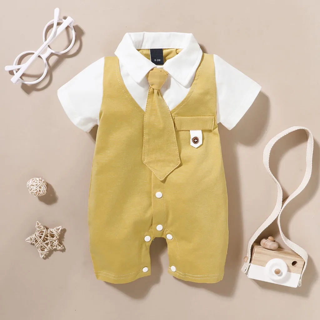 Newborn Infant Baby Boys clothes Solid Gentleman Tie Romper Jumpsuit Outfits Baby Clothing Short Sleeve T-shirt #C
