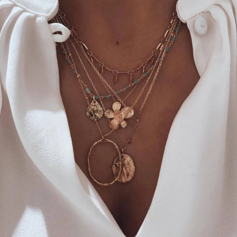 Tocona Boho золото геометрической формы в виде цветка, Цепочки и ожерелья Для женщин ювелирные изделия Винтаж многослойное Длинное колье цепочка, колье, 9045