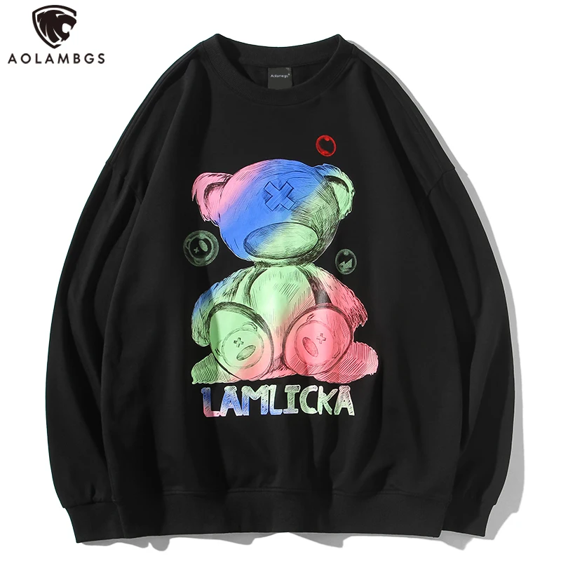 

Aolamegs Preppy Style Sweatshirts Men Couple Harajuku Oversized Pullover Autumn Casual Streetwear Color Gradient Bear Print Tops