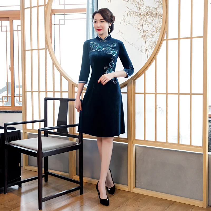 Синий велюр вышивка Винтаж Дамы Китайский традиционный тонкий Qipao классический воротник стойка сценическое шоу элегантное женское платье-Ципао