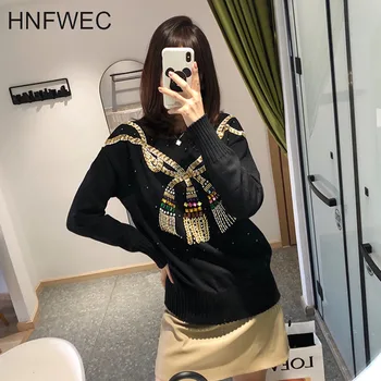 

Luxury Women Beaded Knitted Sweater 2020 Winter Warm Round Neck White Black Pull Sweater Ladies Jumpers sweater loose Y558